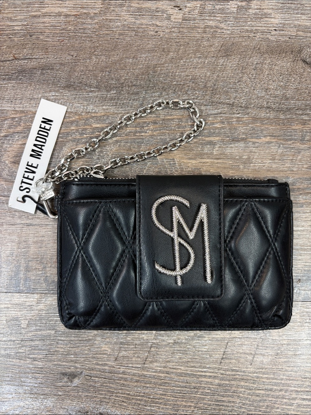 Steve Madden Quilted Zip Around Wallet Wristlet Black NWT